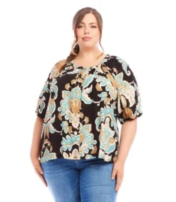 Plus Size Short Sleeve Peasant Button-Front Top