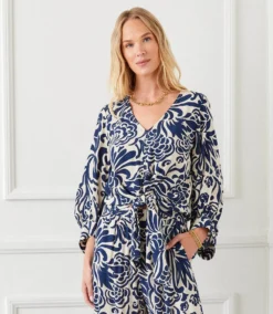 Petite Size Blouson Sleeve Tie Front Top