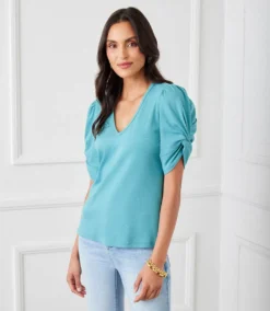 Ribbed Twist Sleeve V-Neck Top