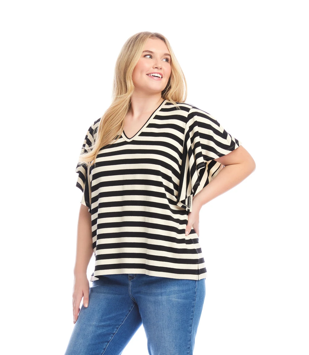 Plus Size Stripe Flutter Sleeve V-Neck Top 3 Plus Size Stripe Flutter Sleeve V-Neck Top