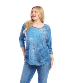 Plus Size 3/4 Sleeve Burnout Shirttail Top