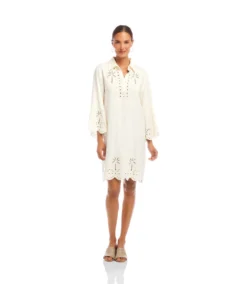 Flare Sleeve Cutout Embroidered Shirtdress