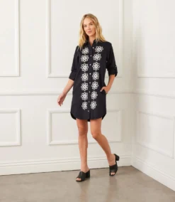 Petite Size Roll Tab Embroidered Shirtdress