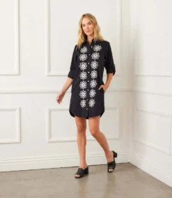 Roll Tab Embroidered Shirtdress