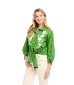 Blouson Sleeve Embroidered Tie-Front Top -Ghost London 2L70118 GRE KK 2025 Summer 00 4