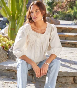 3/4 Sleeve Square Neck Button-Up Blouse -Ghost London 2L70121 CRE KK 2025 Summer 00 1