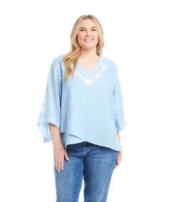 Plus Size Bracelet Sleeve Embroidered Asymmetric Top