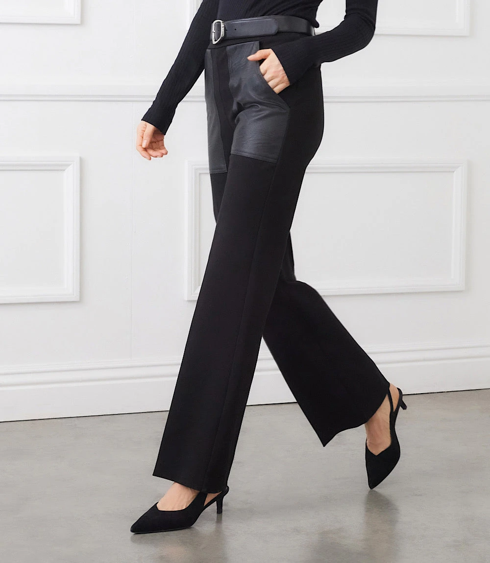 Contrast Faux Leather Pocket Wide-Leg Pants 3 Contrast Faux Leather Pocket Wide-Leg Pants