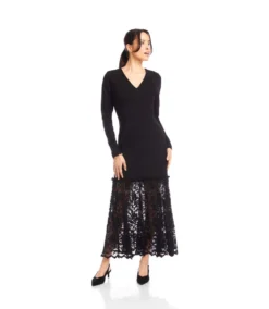 Long Sleeve Contrast Lace V-Neck Column Dress -Ghost London 3L08704 BLK karenkane 2025 fall 00 6