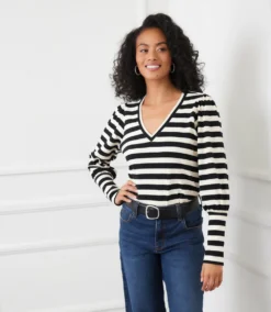 Stripe Bishop Sleeve V-Neck Top -Ghost London 3L25401 BLC karenkane 2025 fall 00 2
