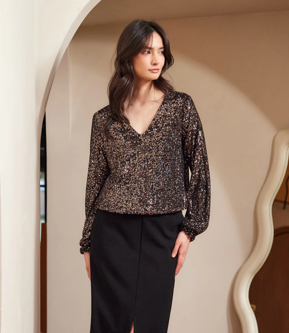 Blouson Sleeve Sequin V-Neck Top 3 Blouson Sleeve Sequin V-Neck Top