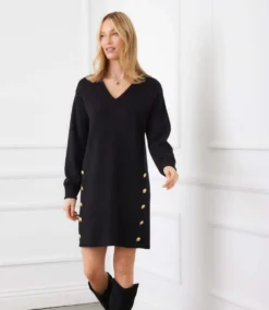 Petite Size Long Sleeve V-Neck Button Detail Dress -Ghost London 3L57519P BLK karenkane 2025 fall 00 5