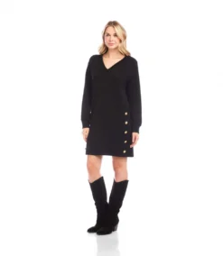 Petite Size Long Sleeve V-Neck Button Detail Dress -Ghost London 3L57519P BLK karenkane 2025 fall 00 7