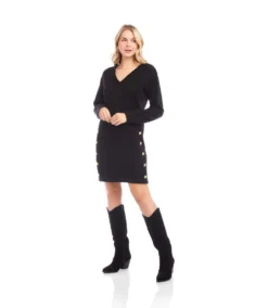 Petite Size Long Sleeve V-Neck Button Detail Dress -Ghost London 3L57519P BLK karenkane 2025 fall 00 8