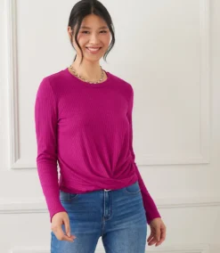 Ribbed Long Sleeve Drape Front Crossover Top